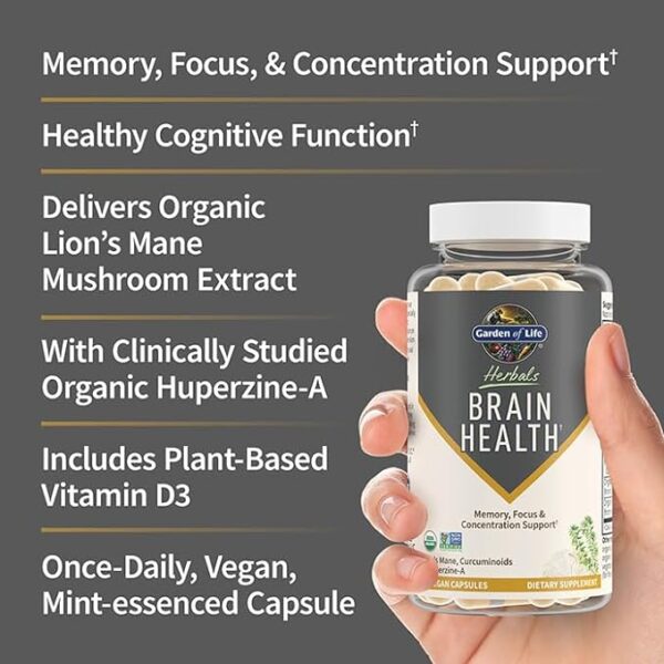 Garden of Life Brain Health Supplement with Organic Lion’s Mane & Turmeric, Non-GMO, Gluten-Free, Mint Flavor - For Memory, Focus & Healthy Brain Function - Image 3