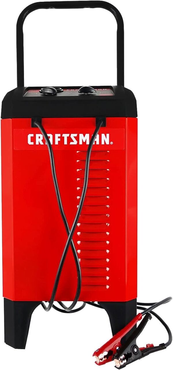 Craftsman CMXCESM274 Manual Timer-Controlled Wheeled Battery Charger and Jump Starter for Car, SUV, Truck, and Boat Batteries, 175 Cranking Amps, 12 Volt, Red, 1 Unit