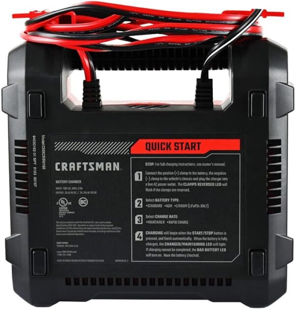 Craftsman CMXCESM162 Fully Automatic Automotive Battery Charger and Maintainer for Car, SUV, Truck, and Boat Batteries, 15 Amps, 6 Volt, 12 Volt, Red, 1 Unit - Image 2