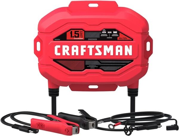 Craftsman CMXCESM259 Fully Automatic Automotive Battery Charger and Maintainer for Power Sport, Motorcycle, Car, and Boat Batteries, 1.5 Amps, 6 Volt, 12 Volt, Red, 1 Unit