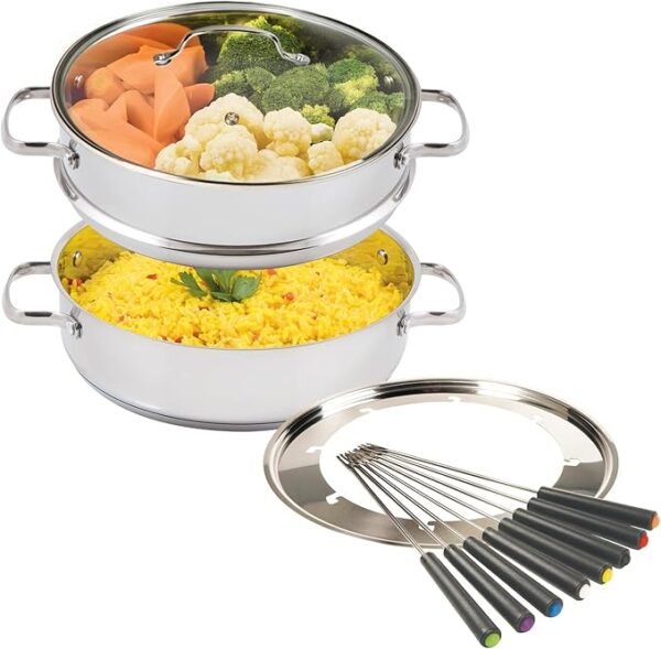 Nuwave Design-18/8 Stainless Steel Cookware,Free of PTFE PFOA PFOS,Fondue Pot Set,Works On All Cooktops and Induction Cooker,Include Pot,Steamer Basket,Glass Lid and 8 Fondue Forks,10 -Yeär Wärranty - Image 5