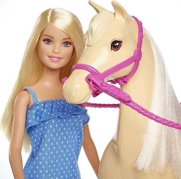 Barbie Doll & Toy Horse Set, Blonde Fashion Doll in Riding Outfit & Light Brown Horse with Saddle, Bridle & Reins - Image 2