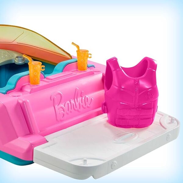 Barbie Doll & Toy Boat Playset with Pet Puppy, Life Vest & Beverage Accessories, Fits 3 Dolls & Floats in Water - Image 2