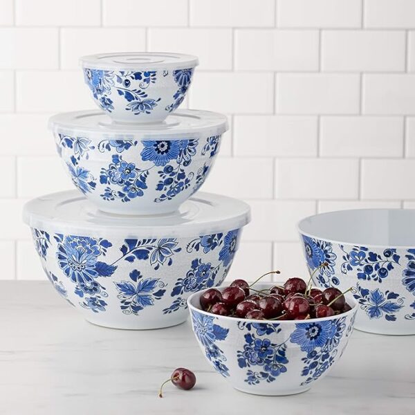 Amazon Basics Nesting Melamine Mixing Round Bowl with Lid and Non-Slip Base, 5 Sizes, Blue and White Floral, Set of 10, 4 quarts, 3 15/16",7 9/16",8 7/8",10",11 1/4" - Image 5