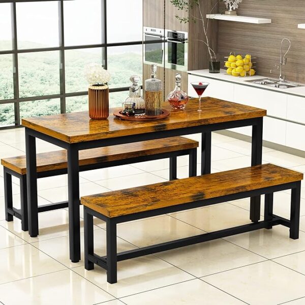 AWQM Dining Room Table Set, Kitchen Set with 2 Benches, Ideal for Home, and Room, Breakfast of 43.3x23.6x28.5 inches, Benches 38.5x11.8x17.5 Industrial Brown - Image 4