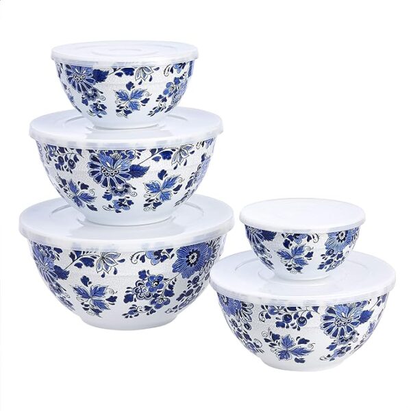 Amazon Basics Nesting Melamine Mixing Round Bowl with Lid and Non-Slip Base, 5 Sizes, Blue and White Floral, Set of 10, 4 quarts, 3 15/16",7 9/16",8 7/8",10",11 1/4" - Image 4