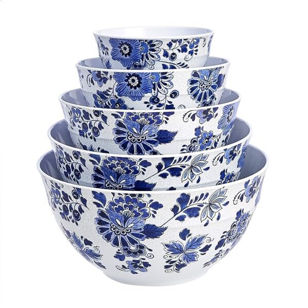 Amazon Basics Nesting Melamine Mixing Round Bowl with Lid and Non-Slip Base, 5 Sizes, Blue and White Floral, Set of 10, 4 quarts, 3 15/16",7 9/16",8 7/8",10",11 1/4" - Image 3